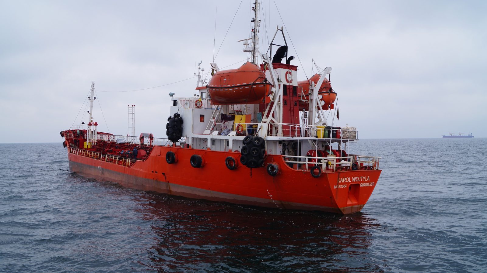 Bunker vessel with industrial size fenders under way in the Black Sea.